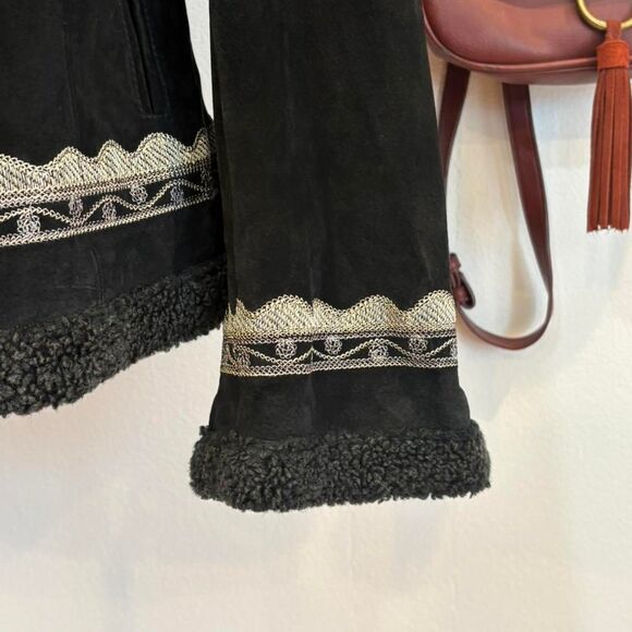 Vintage White Stag Black Leather Shearling Jacket Embroidered Western Boho Coat - Picture 5 of 7